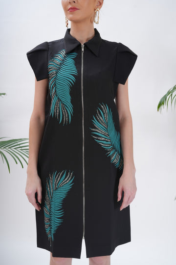Teal Trimmed Black Panel Dress