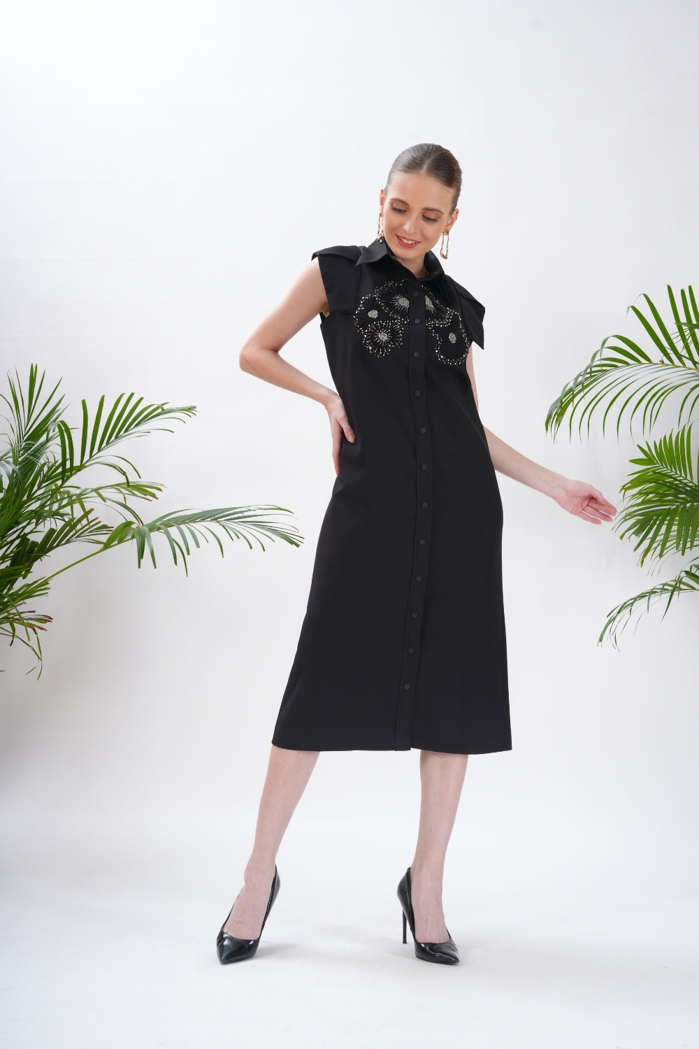 black dress with buttons on the side Black Side Button Detail Knitted Dress