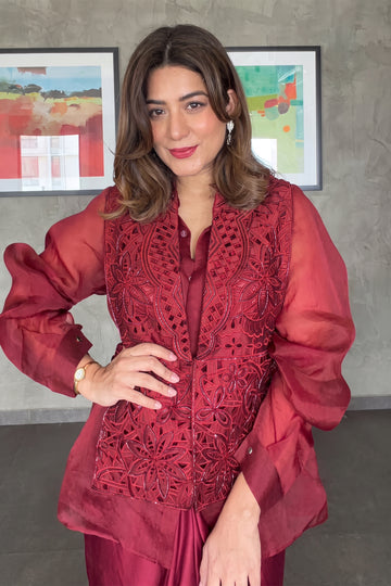 Wine Cutwork Jacket Set