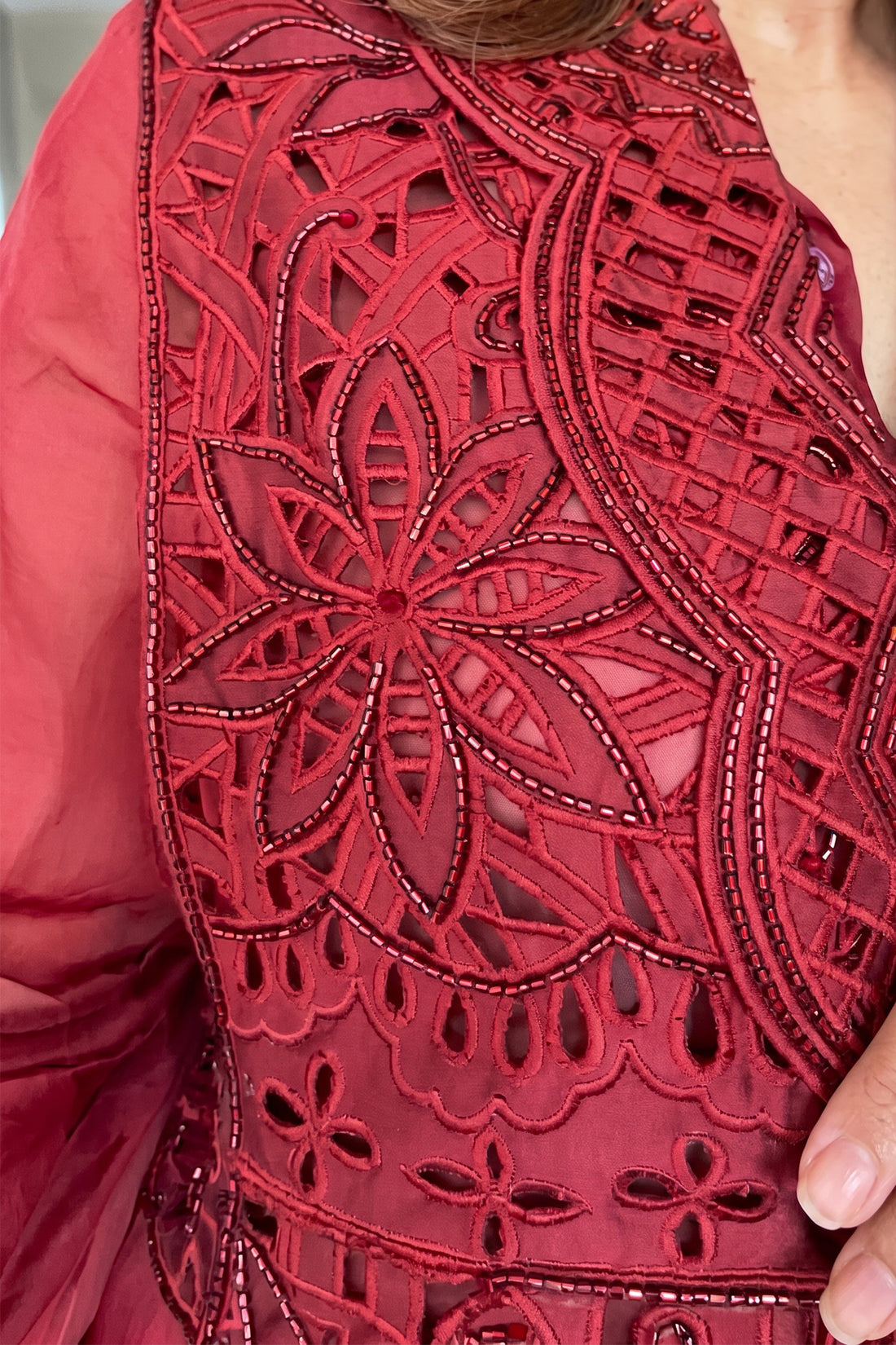 Wine Cutwork Jacket Set